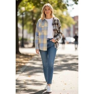 Urban Outfitters Plaid Split color Flannel‎ Shirt Blue Yellow Brown Long Sleeve